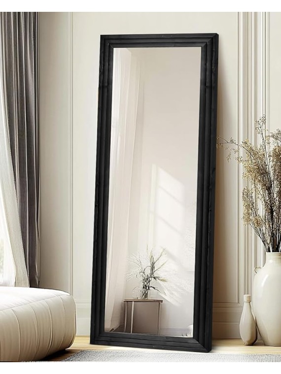 Full Length Mirror 65"x24" Solid Wood Frame Floor Large Mirror for Living Room, Bedroom Hanging or Leaning Wall-Mounted, Black
