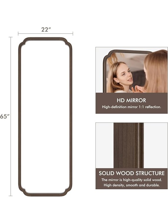 Full Length Mirror Wall Mounted 65"x22", Rustic Wooden Frame Floor Mirror, Large Full Body Mirror for Bedroom, Leaning or Hanging Against Wall (Walnut Solid Wood)