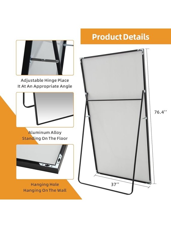 Full Length Mirror, 76.4"x37" Black Oversized Tempered Floor Mirrors with Stand, Full Body Dressing Mirror Hanging or Leaning with Aluminum Alloy Frame Home Decor for Living Room, Bedroom