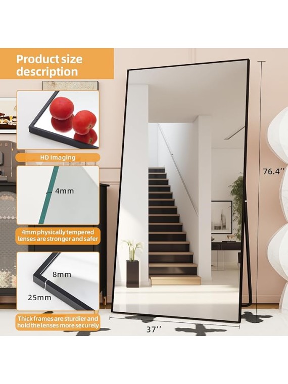 Full Length Mirror, 76.4"x37" Black Oversized Tempered Floor Mirrors with Stand, Full Body Dressing Mirror Hanging or Leaning with Aluminum Alloy Frame Home Decor for Living Room, Bedroom