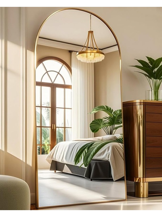 Arched Full Length Mirror77 x38 Full Body Floor Mirror Standing Hanging or Leaning Wall, Arch Wall Mirror with Stand Aluminum Alloy Frame for Bedroom Cloakroom Gold