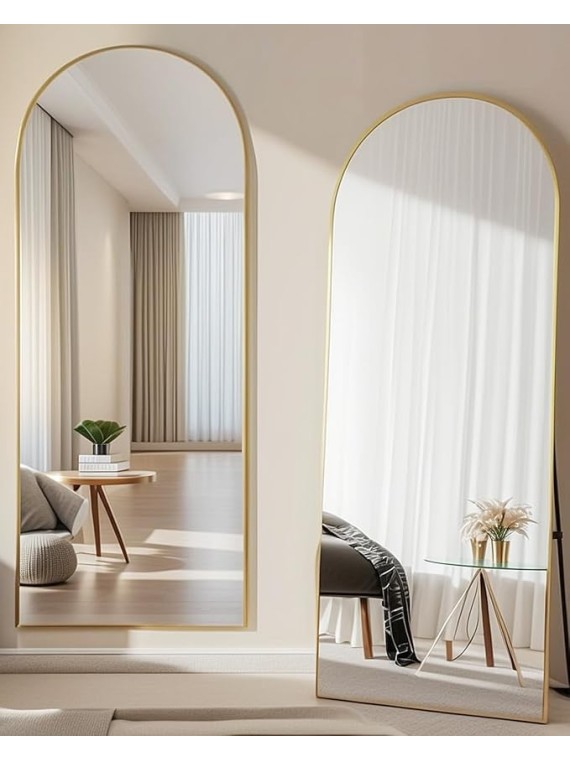 Arched Full Length Mirror77 x38 Full Body Floor Mirror Standing Hanging or Leaning Wall, Arch Wall Mirror with Stand Aluminum Alloy Frame for Bedroom Cloakroom Gold