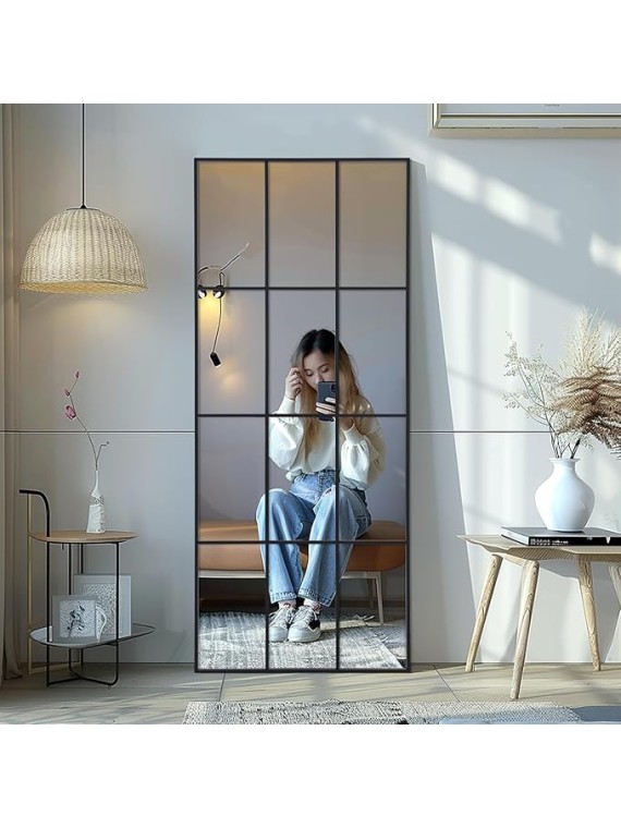 Windowpane Mirror Full Length 65"x24" Art Pane Wall Mirror Farmhouse Decorative Leaning Hanging Wall Mounted for Bedroom Living Room Entrance