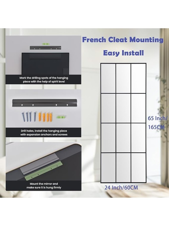 Windowpane Mirror Full Length 65"x24" Art Pane Wall Mirror Farmhouse Decorative Leaning Hanging Wall Mounted for Bedroom Living Room Entrance