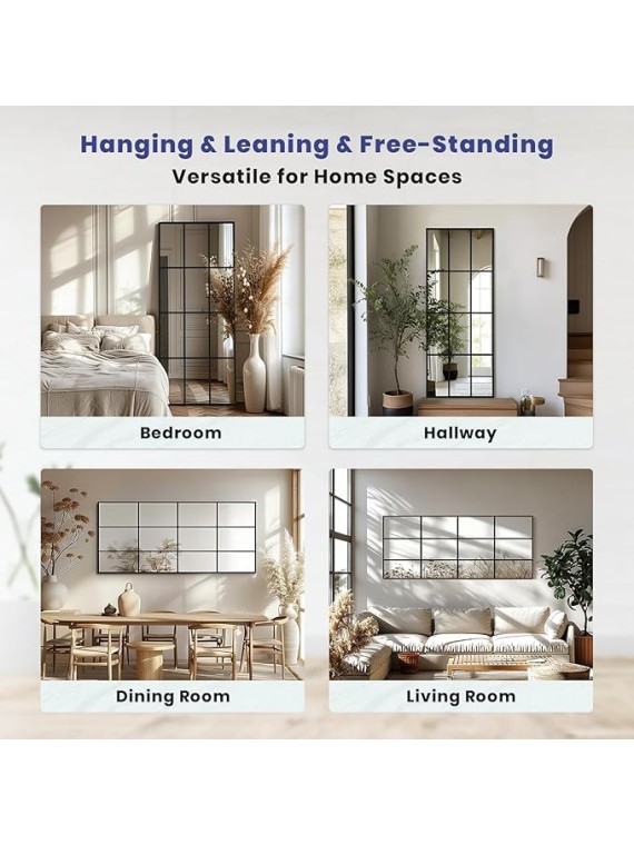 Windowpane Mirror Full Length 65"x24" Art Pane Wall Mirror Farmhouse Decorative Leaning Hanging Wall Mounted for Bedroom Living Room Entrance