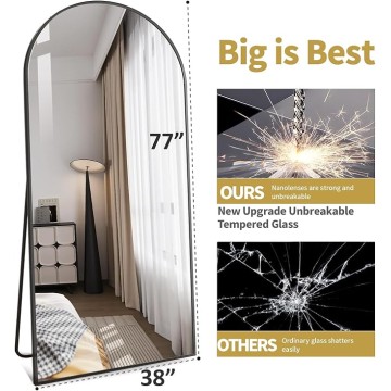 77"x38" Black Arched Full Length Mirror - Space-Saving Floor/Wall Mirror with Stand, Durable Aluminum Frame for Entryway, Dressing Room
