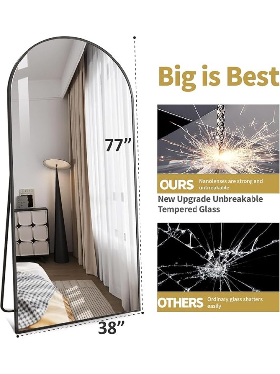 77"x38" Black Arched Full Length Mirror - Space-Saving Floor/Wall Mirror with Stand, Durable Aluminum Frame for Entryway, Dressing Room