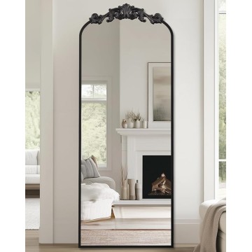 Arched Full Length Mirror, 58"x18" Floor Mirror Freestanding with Carved Metal Frame & Bottom Art Carved, Full Body Mirror for HomeDecor, Standing/Halling Large Wall Mirror for Bedroom, Black