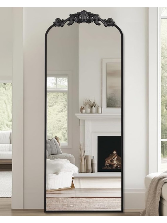 Arched Full Length Mirror, 58"x18" Floor Mirror Freestanding with Carved Metal Frame & Bottom Art Carved, Full Body Mirror for HomeDecor, Standing/Halling Large Wall Mirror for Bedroom, Black