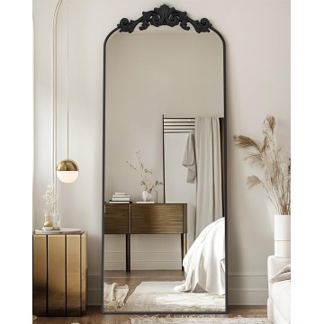 Arched Full Length Mirror, 58"x18" Floor Mirror Freestanding with Carved Metal Frame & Bottom Art Carved, Full Body Mirror for HomeDecor, Standing/Halling Large Wall Mirror for Bedroom, Black