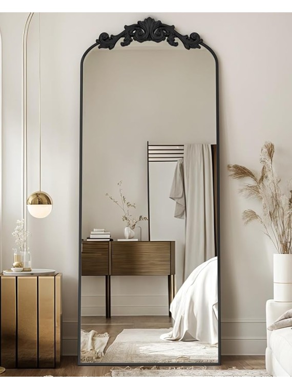 Arched Full Length Mirror, 58"x18" Floor Mirror Freestanding with Carved Metal Frame & Bottom Art Carved, Full Body Mirror for HomeDecor, Standing/Halling Large Wall Mirror for Bedroom, Black