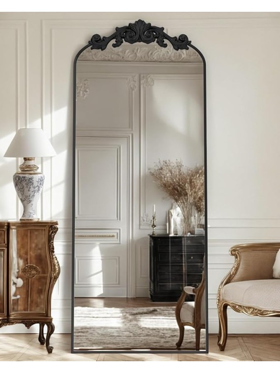 Arched Full Length Mirror, 58"x18" Floor Mirror Freestanding with Carved Metal Frame & Bottom Art Carved, Full Body Mirror for HomeDecor, Standing/Halling Large Wall Mirror for Bedroom, Black