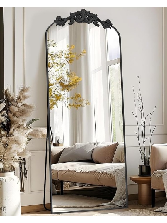 Arched Full Length Mirror, 58"x18" Floor Mirror Freestanding with Carved Metal Frame & Bottom Art Carved, Full Body Mirror for HomeDecor, Standing/Halling Large Wall Mirror for Bedroom, Black