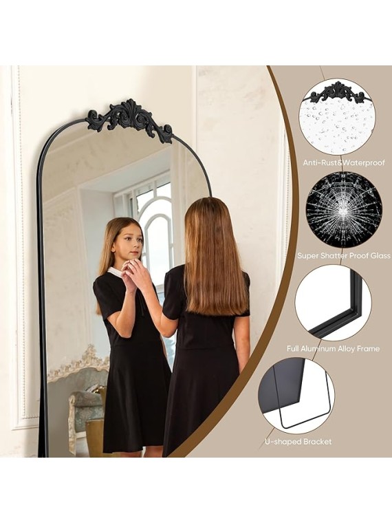 Arched Full Length Mirror, 58"x18" Floor Mirror Freestanding with Carved Metal Frame & Bottom Art Carved, Full Body Mirror for HomeDecor, Standing/Halling Large Wall Mirror for Bedroom, Black