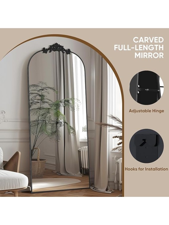 Arched Full Length Mirror, 58"x18" Floor Mirror Freestanding with Carved Metal Frame & Bottom Art Carved, Full Body Mirror for HomeDecor, Standing/Halling Large Wall Mirror for Bedroom, Black