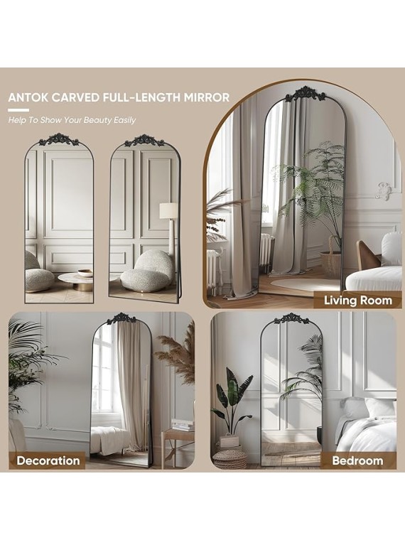 Arched Full Length Mirror, 58"x18" Floor Mirror Freestanding with Carved Metal Frame & Bottom Art Carved, Full Body Mirror for HomeDecor, Standing/Halling Large Wall Mirror for Bedroom, Black