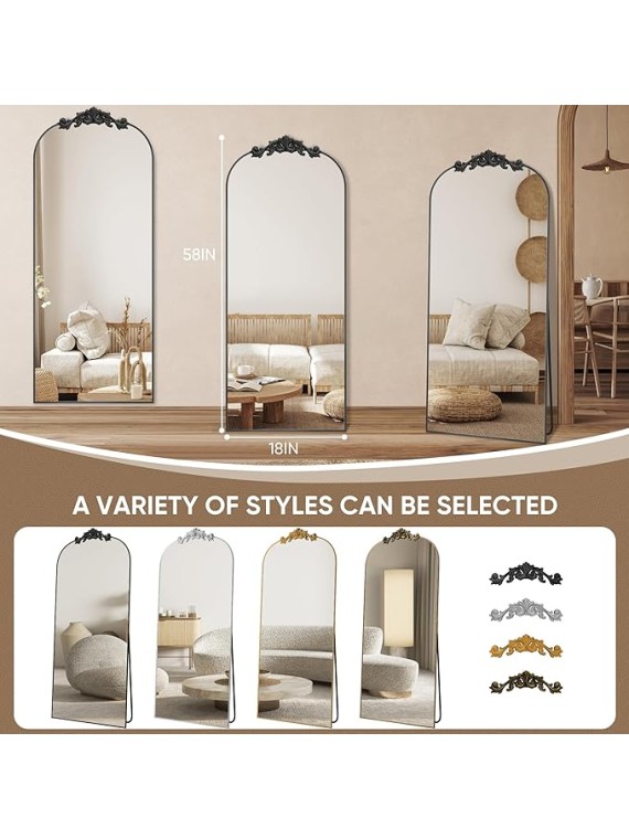Arched Full Length Mirror, 58"x18" Floor Mirror Freestanding with Carved Metal Frame & Bottom Art Carved, Full Body Mirror for HomeDecor, Standing/Halling Large Wall Mirror for Bedroom, Black