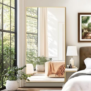 76"x35" Full Length Mirror with Stand, Gold Mirror Large Full Length Aluminum Alloy Thin Frame Full Body Mirror, Free Standing, Hang or Lean Against Wall