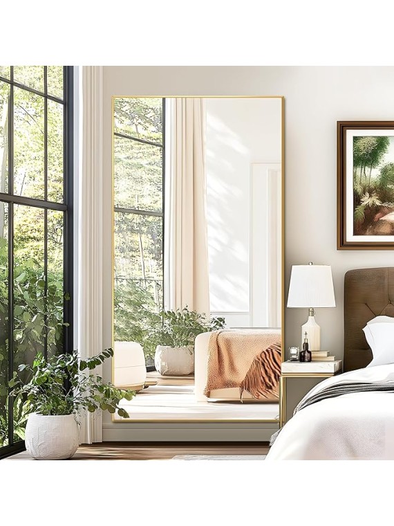 76"x35" Full Length Mirror with Stand, Gold Mirror Large Full Length Aluminum Alloy Thin Frame Full Body Mirror, Free Standing, Hang or Lean Against Wall
