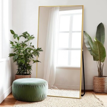 76"x35" Full Length Mirror with Stand, Gold Mirror Large Full Length Aluminum Alloy Thin Frame Full Body Mirror, Free Standing, Hang or Lean Against Wall