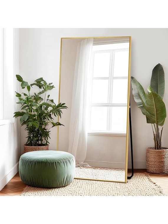 76"x35" Full Length Mirror with Stand, Gold Mirror Large Full Length Aluminum Alloy Thin Frame Full Body Mirror, Free Standing, Hang or Lean Against Wall