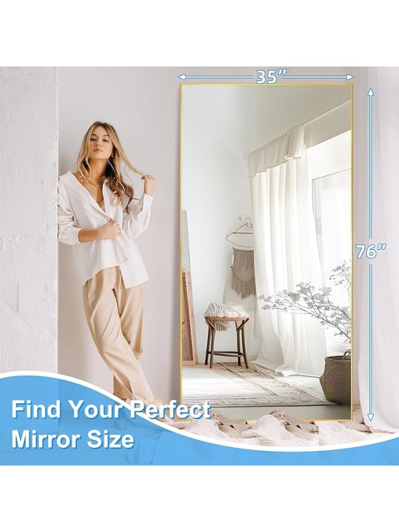 76"x35" Full Length Mirror with Stand, Gold Mirror Large Full Length Aluminum Alloy Thin Frame Full Body Mirror, Free Standing, Hang or Lean Against Wall