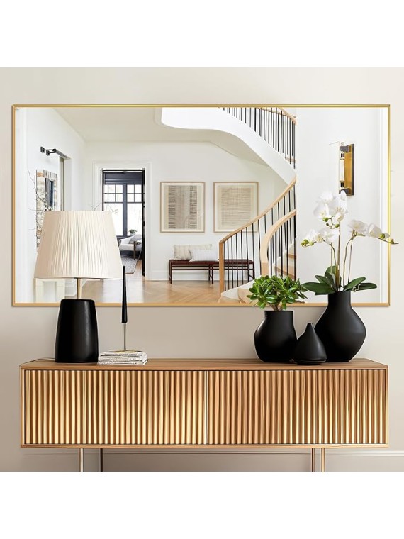 76"x35" Full Length Mirror with Stand, Gold Mirror Large Full Length Aluminum Alloy Thin Frame Full Body Mirror, Free Standing, Hang or Lean Against Wall