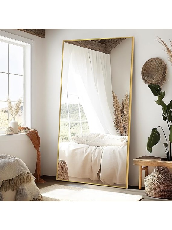 76"x35" Full Length Mirror with Stand, Gold Mirror Large Full Length Aluminum Alloy Thin Frame Full Body Mirror, Free Standing, Hang or Lean Against Wall