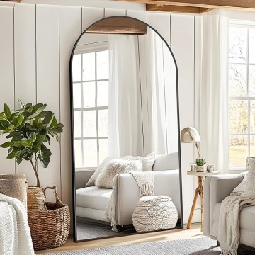 76"x35" Arched Full Length Mirror with Stand, Black Mirror Large Full Length Aluminum Alloy Thin Frame Full Body Mirror, Free Standing, Hang or Lean Against Wall