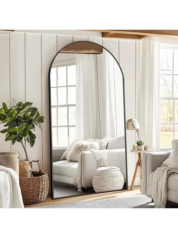 76"x35" Arched Full Length Mirror with Stand, Black Mirror Large Full Length Aluminum Alloy Thin Frame Full Body Mirror, Free Standing, Hang or Lean Against Wall