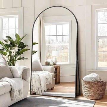 76"x35" Arched Full Length Mirror with Stand, Black Mirror Large Full Length Aluminum Alloy Thin Frame Full Body Mirror, Free Standing, Hang or Lean Against Wall