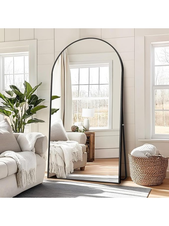76"x35" Arched Full Length Mirror with Stand, Black Mirror Large Full Length Aluminum Alloy Thin Frame Full Body Mirror, Free Standing, Hang or Lean Against Wall