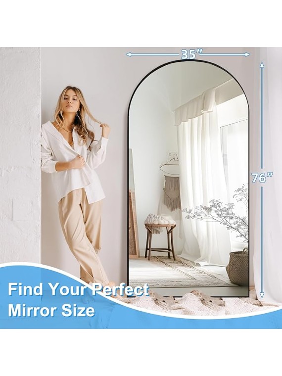 76"x35" Arched Full Length Mirror with Stand, Black Mirror Large Full Length Aluminum Alloy Thin Frame Full Body Mirror, Free Standing, Hang or Lean Against Wall