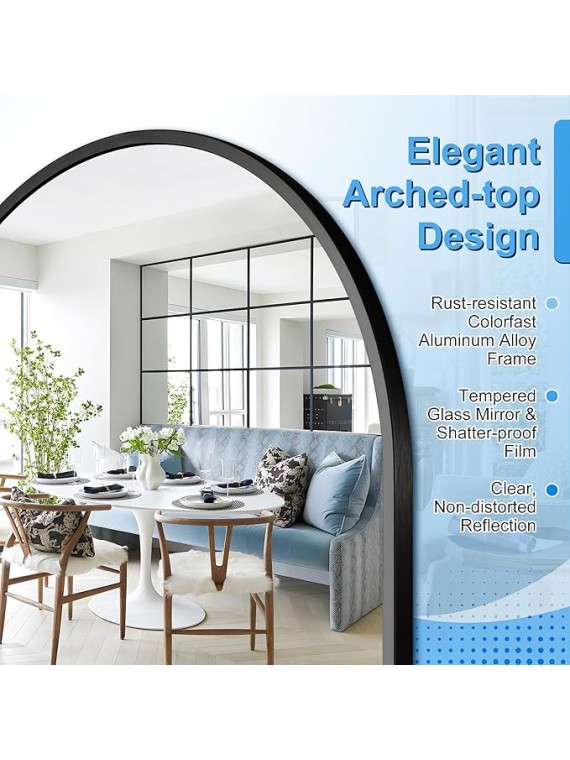 76"x35" Arched Full Length Mirror with Stand, Black Mirror Large Full Length Aluminum Alloy Thin Frame Full Body Mirror, Free Standing, Hang or Lean Against Wall
