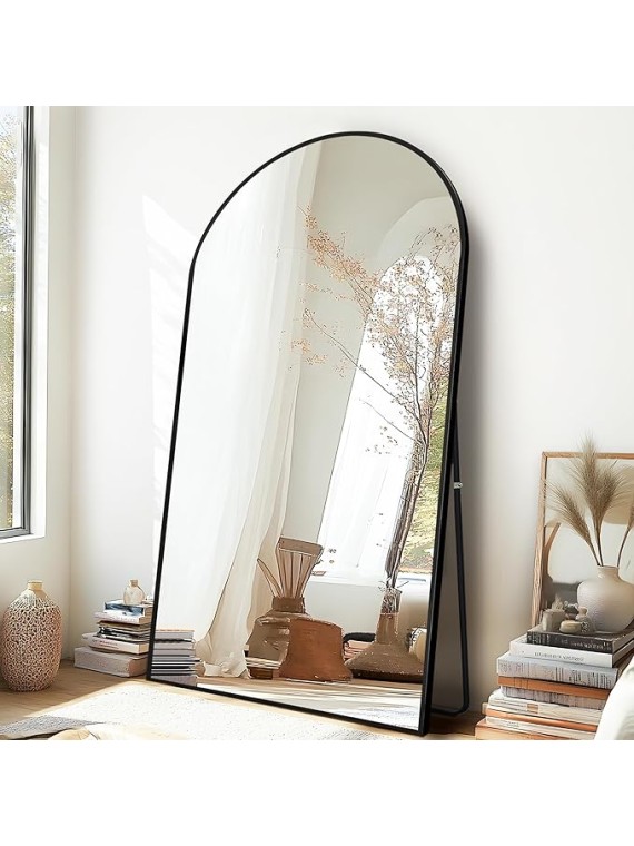 76"x35" Arched Full Length Mirror with Stand, Black Mirror Large Full Length Aluminum Alloy Thin Frame Full Body Mirror, Free Standing, Hang or Lean Against Wall