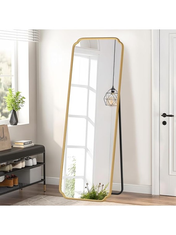 Gold Full Length Mirror with Standing, 65"x22" Rounded Corner Wall Mounted Floor Mirror Leaning Against Wall Dressing Room
