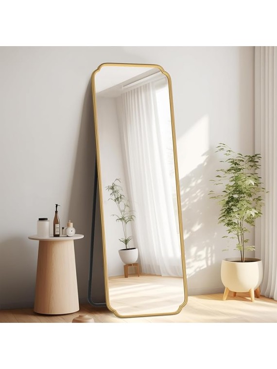 Gold Full Length Mirror with Standing, 65"x22" Rounded Corner Wall Mounted Floor Mirror Leaning Against Wall Dressing Room