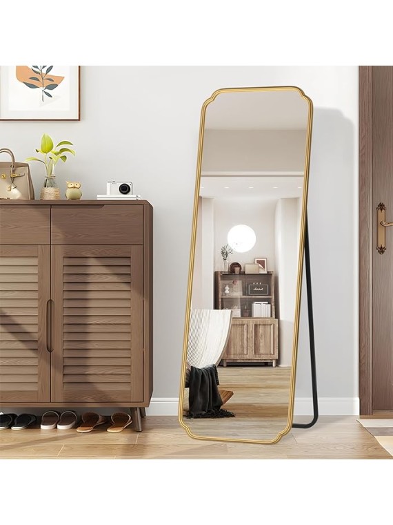 Gold Full Length Mirror with Standing, 65"x22" Rounded Corner Wall Mounted Floor Mirror Leaning Against Wall Dressing Room