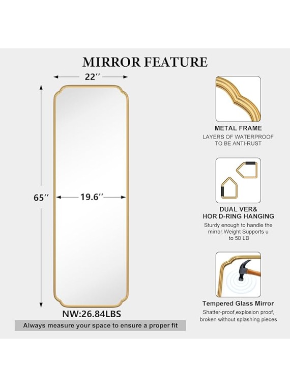 Gold Full Length Mirror with Standing, 65"x22" Rounded Corner Wall Mounted Floor Mirror Leaning Against Wall Dressing Room
