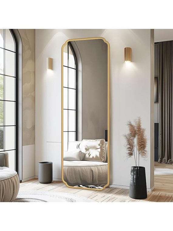 Gold Full Length Mirror with Standing, 65"x22" Rounded Corner Wall Mounted Floor Mirror Leaning Against Wall Dressing Room