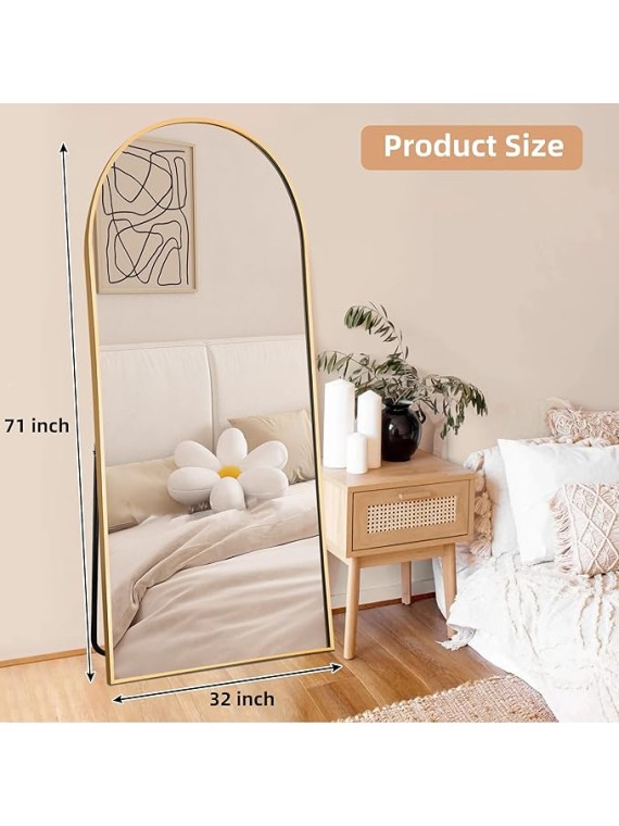 71"x32" Arched Full Length Mirror, Aluminum Alloy Frame Body Floor Mirror, Free Standing Leaning Mirror Hanging Mounted Mirror for Bedroom Living Room Dressing Room, Gold