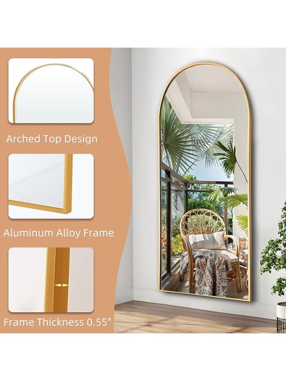 71"x32" Arched Full Length Mirror, Aluminum Alloy Frame Body Floor Mirror, Free Standing Leaning Mirror Hanging Mounted Mirror for Bedroom Living Room Dressing Room, Gold