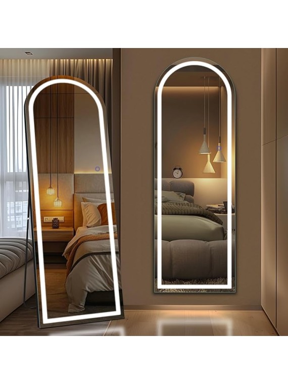 63"x20" Full Length Mirror with Lights, Arched Full Body Mirror with 3 Color Dimmable Lighting for Living Room and Bedroom