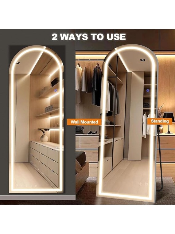 63"x20" Full Length Mirror with Lights, Arched Full Body Mirror with 3 Color Dimmable Lighting for Living Room and Bedroom
