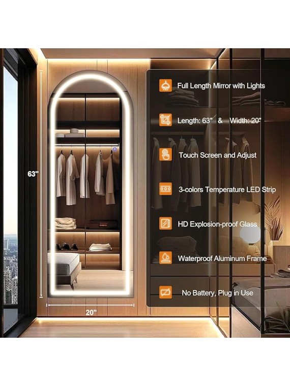 63"x20" Full Length Mirror with Lights, Arched Full Body Mirror with 3 Color Dimmable Lighting for Living Room and Bedroom