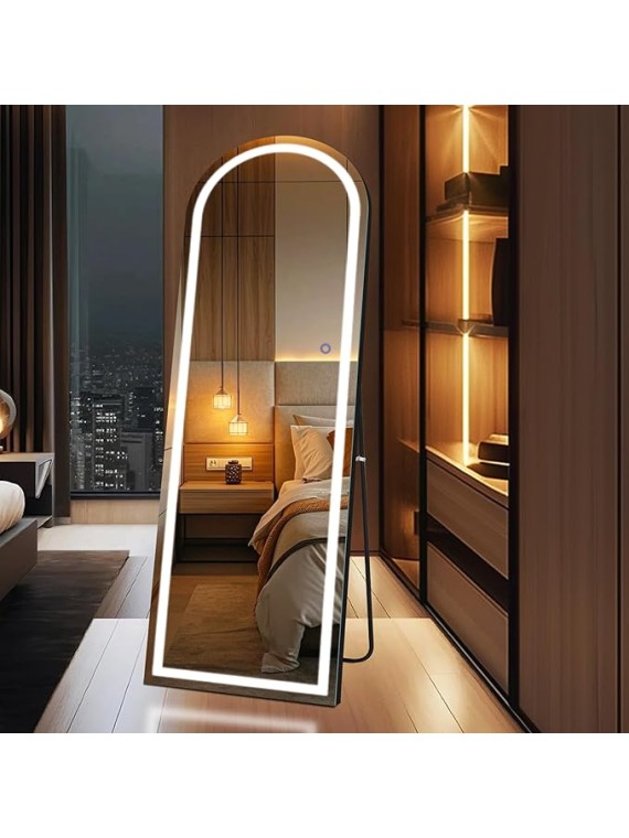 63"x20" Full Length Mirror with Lights, Arched Full Body Mirror with 3 Color Dimmable Lighting for Living Room and Bedroom