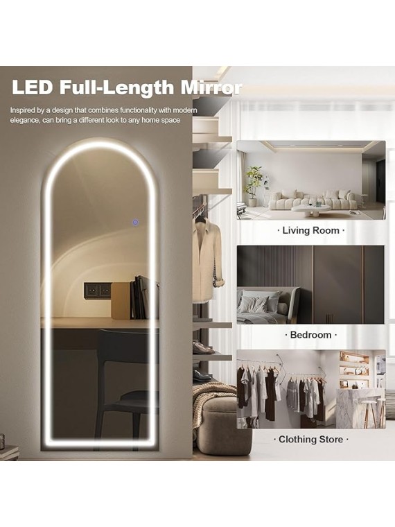 63"x20" Full Length Mirror with Lights, Arched Full Body Mirror with 3 Color Dimmable Lighting for Living Room and Bedroom