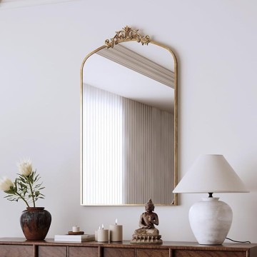 Enhance Room Decor with Vintage Arched Floor Mirror, Ornate Metal Frame for Entryway or Living Room, Antique Bronze Finish