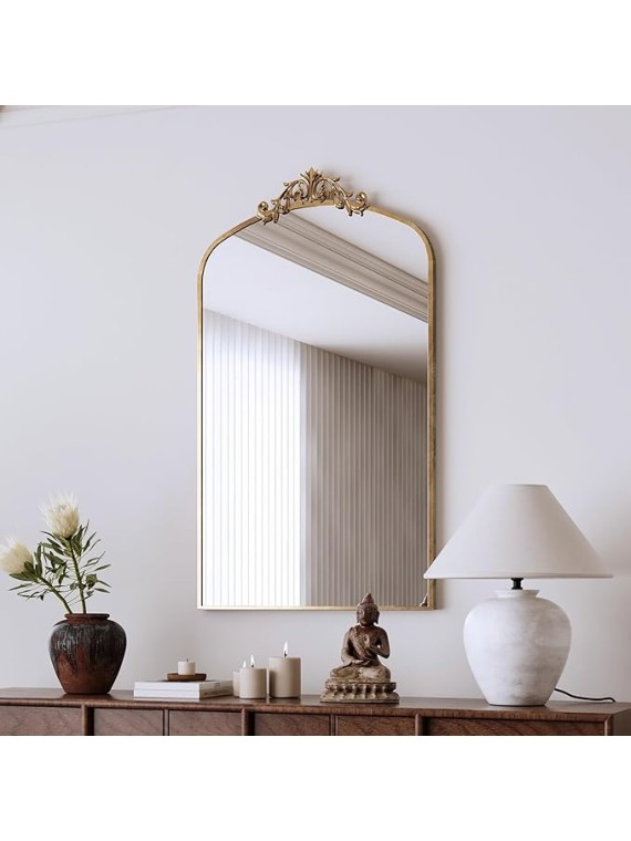 Enhance Room Decor with Vintage Arched Floor Mirror, Ornate Metal Frame for Entryway or Living Room, Antique Bronze Finish