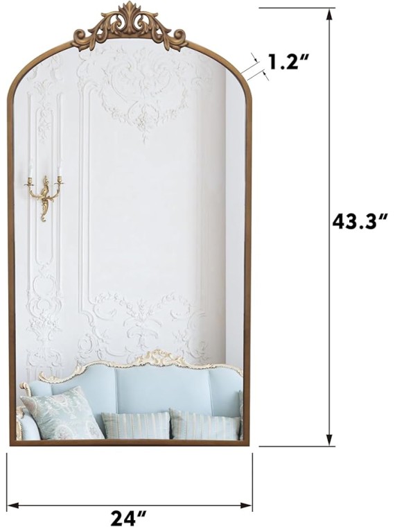 Enhance Room Decor with Vintage Arched Floor Mirror, Ornate Metal Frame for Entryway or Living Room, Antique Bronze Finish